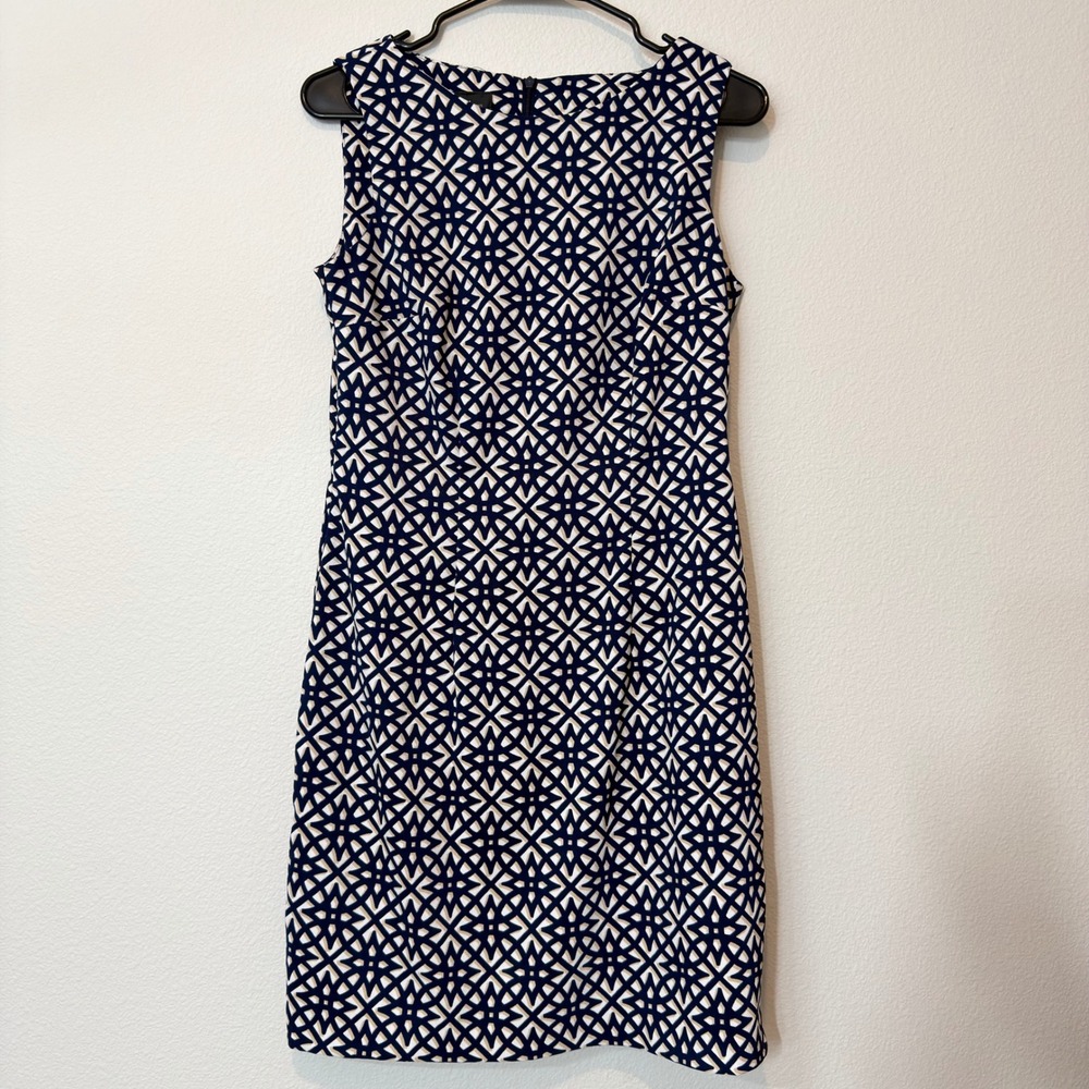 ALYX Sheath Dress Womens Size 8 Navy‎ Blue Cream Geometric Lattice Good 0308J41 - Picture 2 of 10
